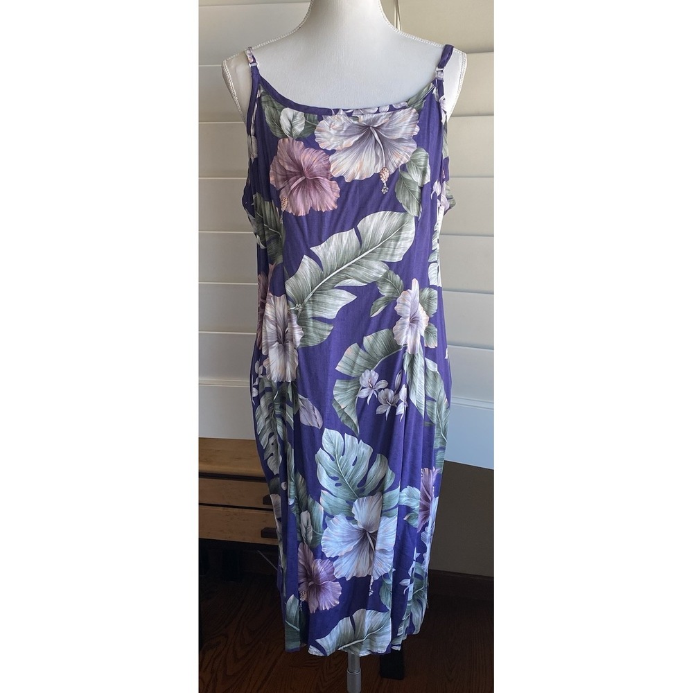 Vintage 90s Hilo Hattie Hawaiian XL Dress Purple Floral Rayon Spaghetti USA READ